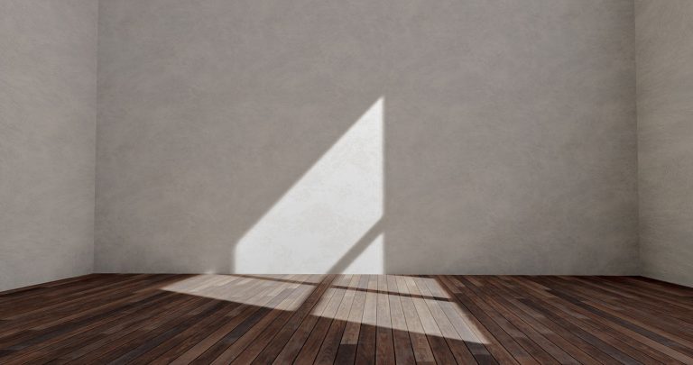 Sunlit empty room with wooden flooring and a shadowed wall, creating a minimalist look